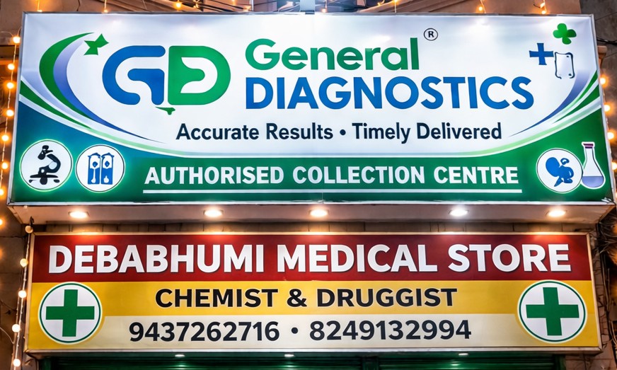 Debabhumi Medical Store & General Diagnostics signage, Aska